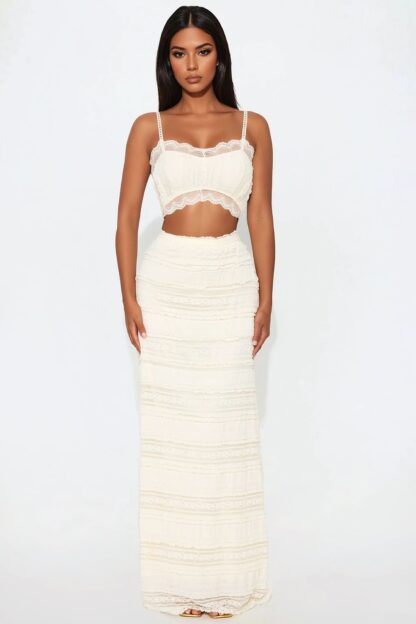 Conjunto de Falda Maxi y Top en Encaje - Marrón - Image 7